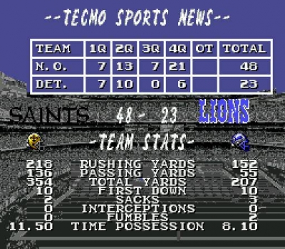 Screen ze hry Tecmo Super Bowl II: Special Edition